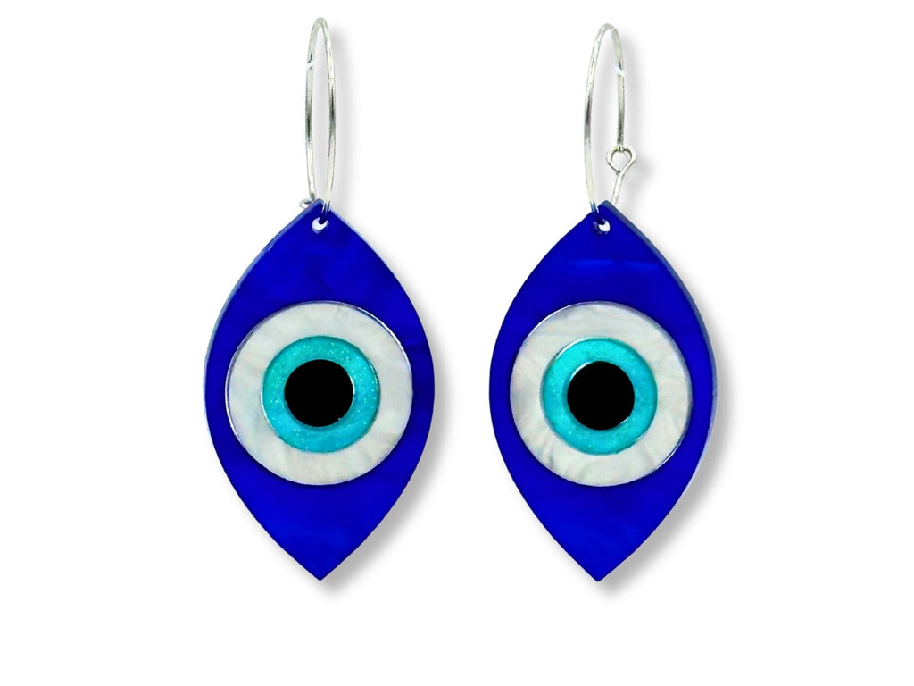 evil eye statement earrings layered acrylic talisman bold handmade jewelry design blue white black