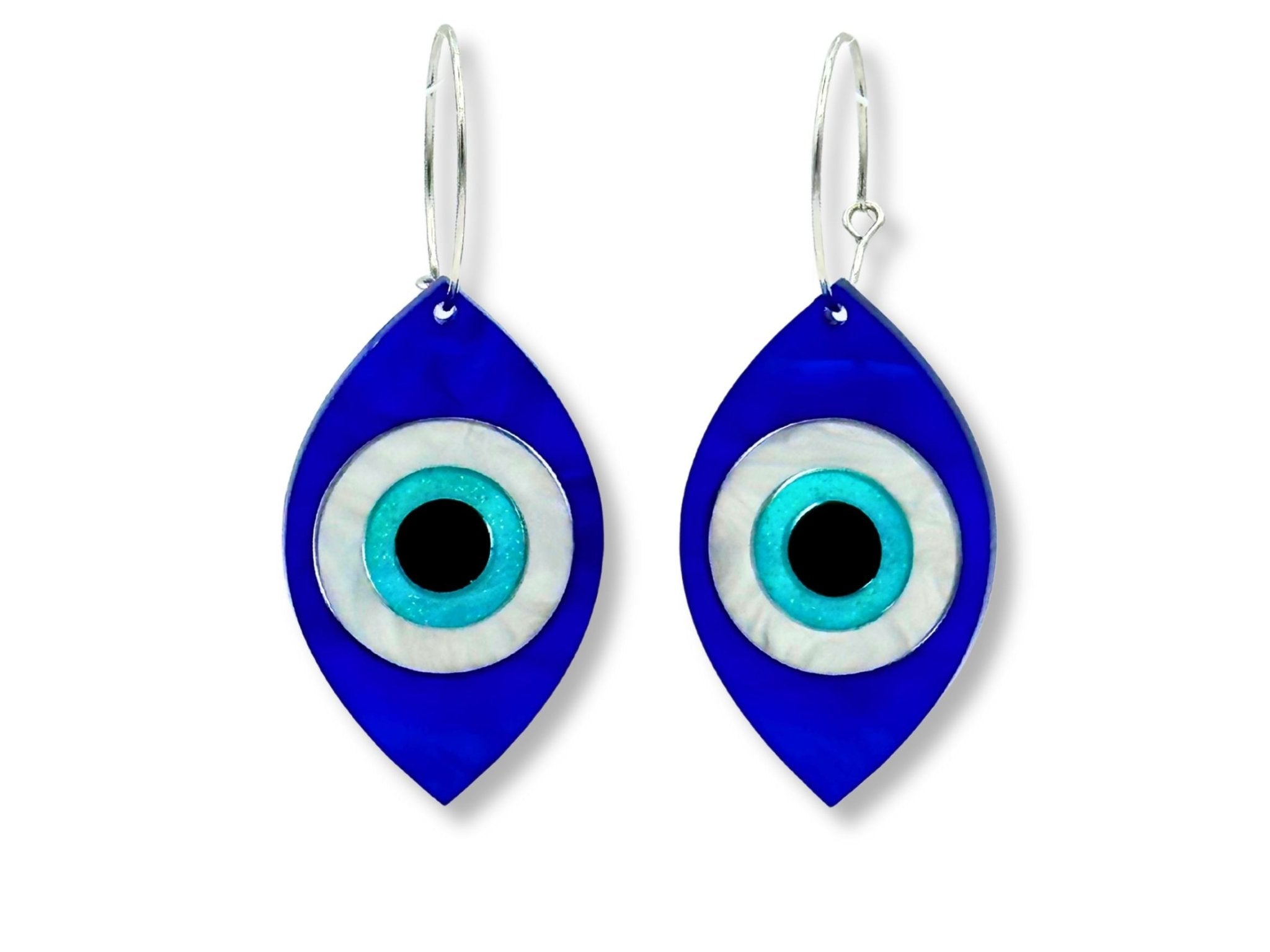 evil eye statement earrings layered acrylic talisman bold handmade jewelry design blue white black