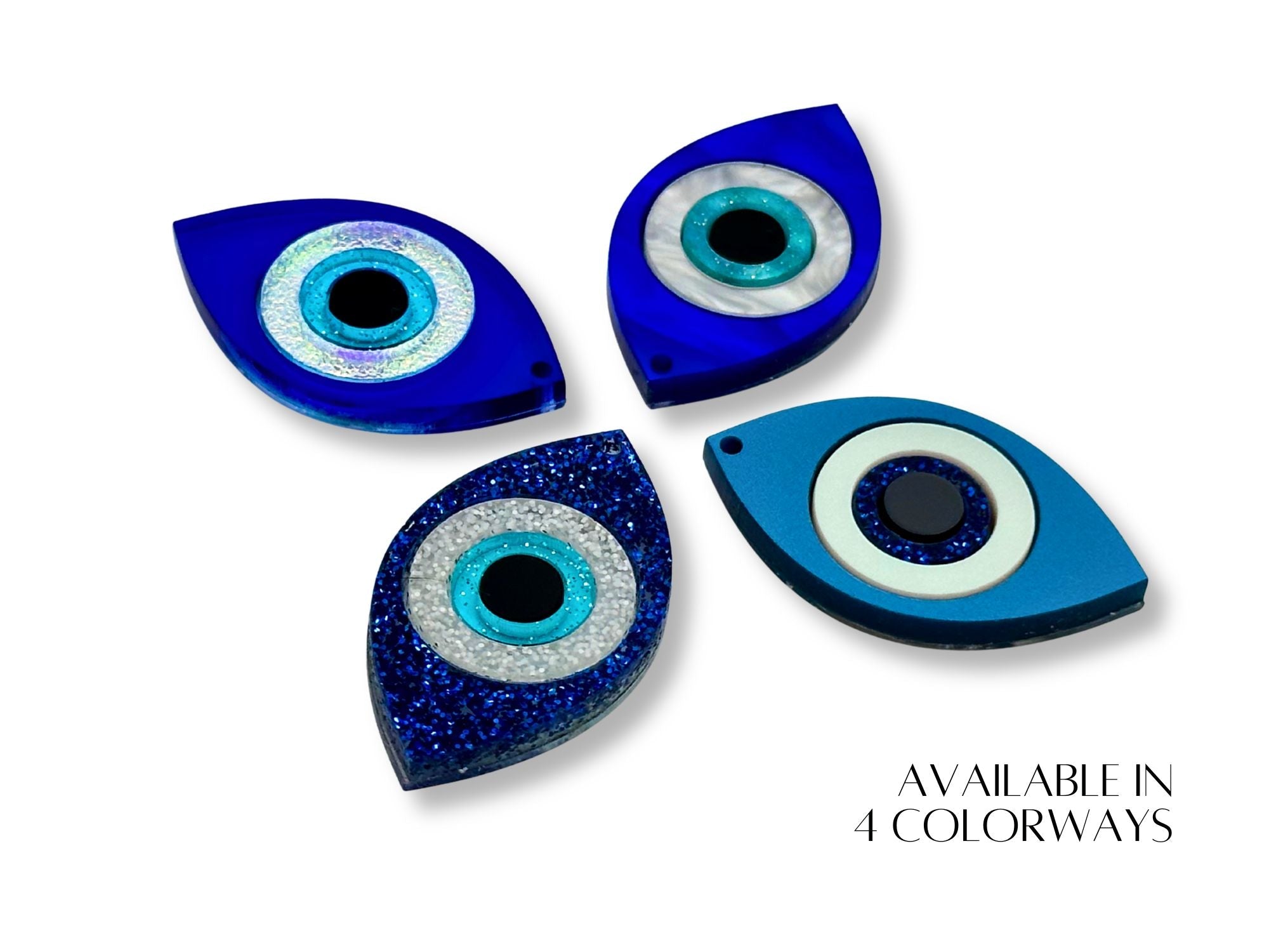 evil eye statement earrings variations iridescent pearl and glitter acrylic finishes bold design blue white black