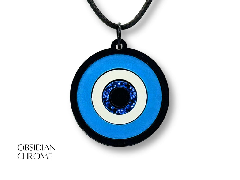 evil eye pendant necklace variations metallic and glitter acrylic finishes lightweight design blue white black