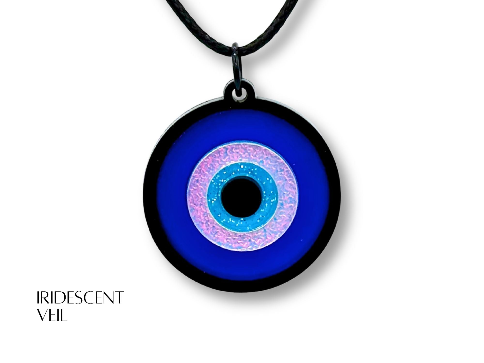 layered acrylic evil eye pendant necklace dimensional design lightweight statement jewelry iridescent blue black