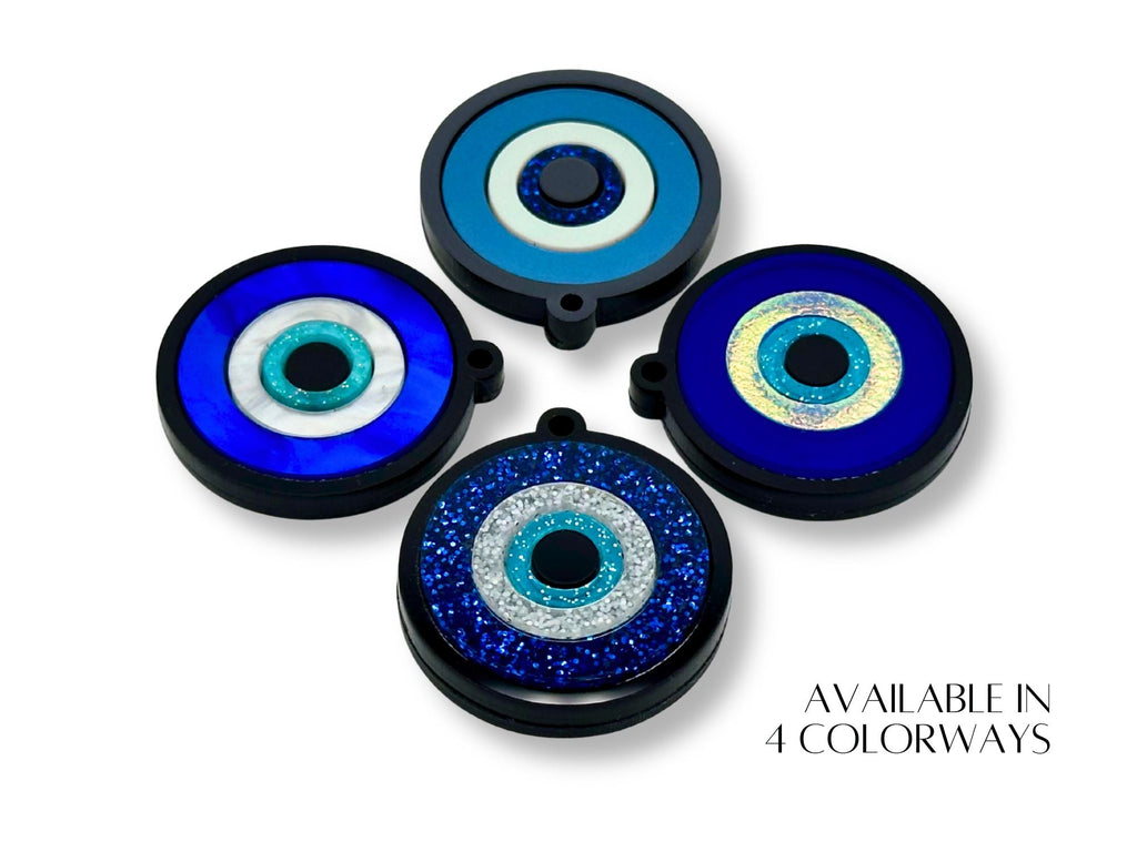 evil eye pendant necklace variations iridescent pearl and glitter acrylic finishes lightweight design