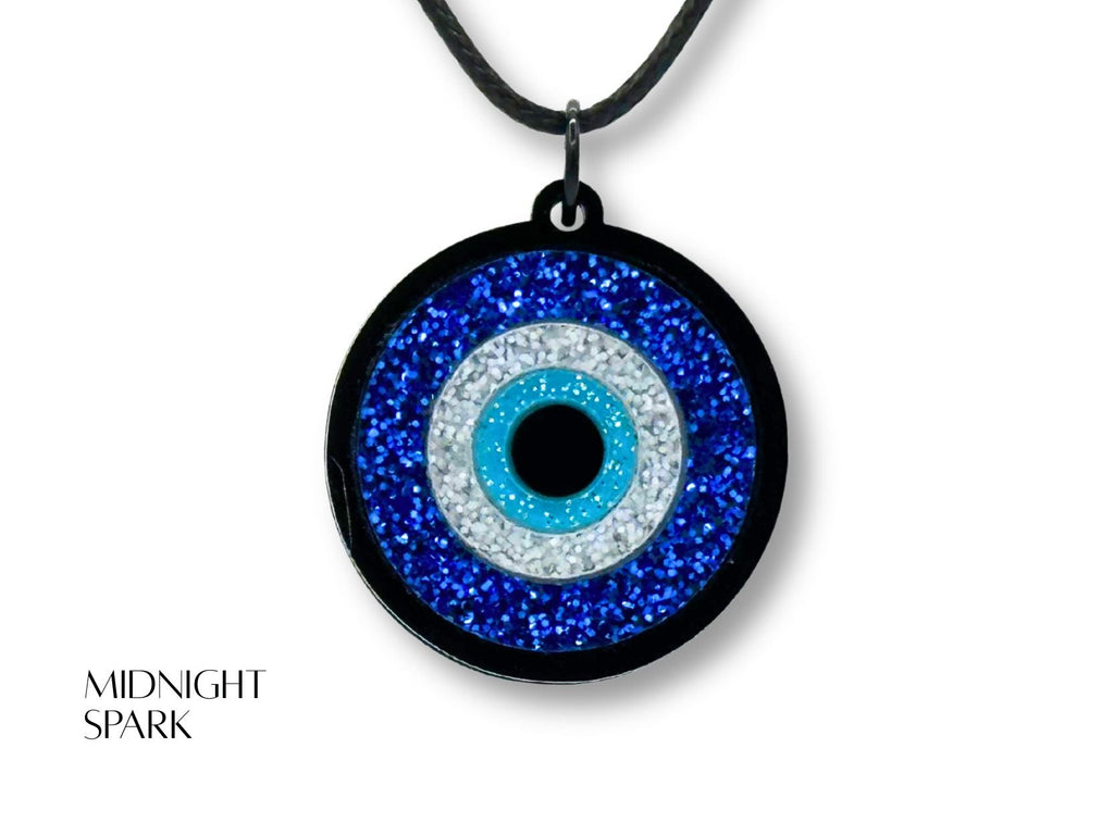 evil eye pendant necklace variation glitter acrylic finishes lightweight design blue white black