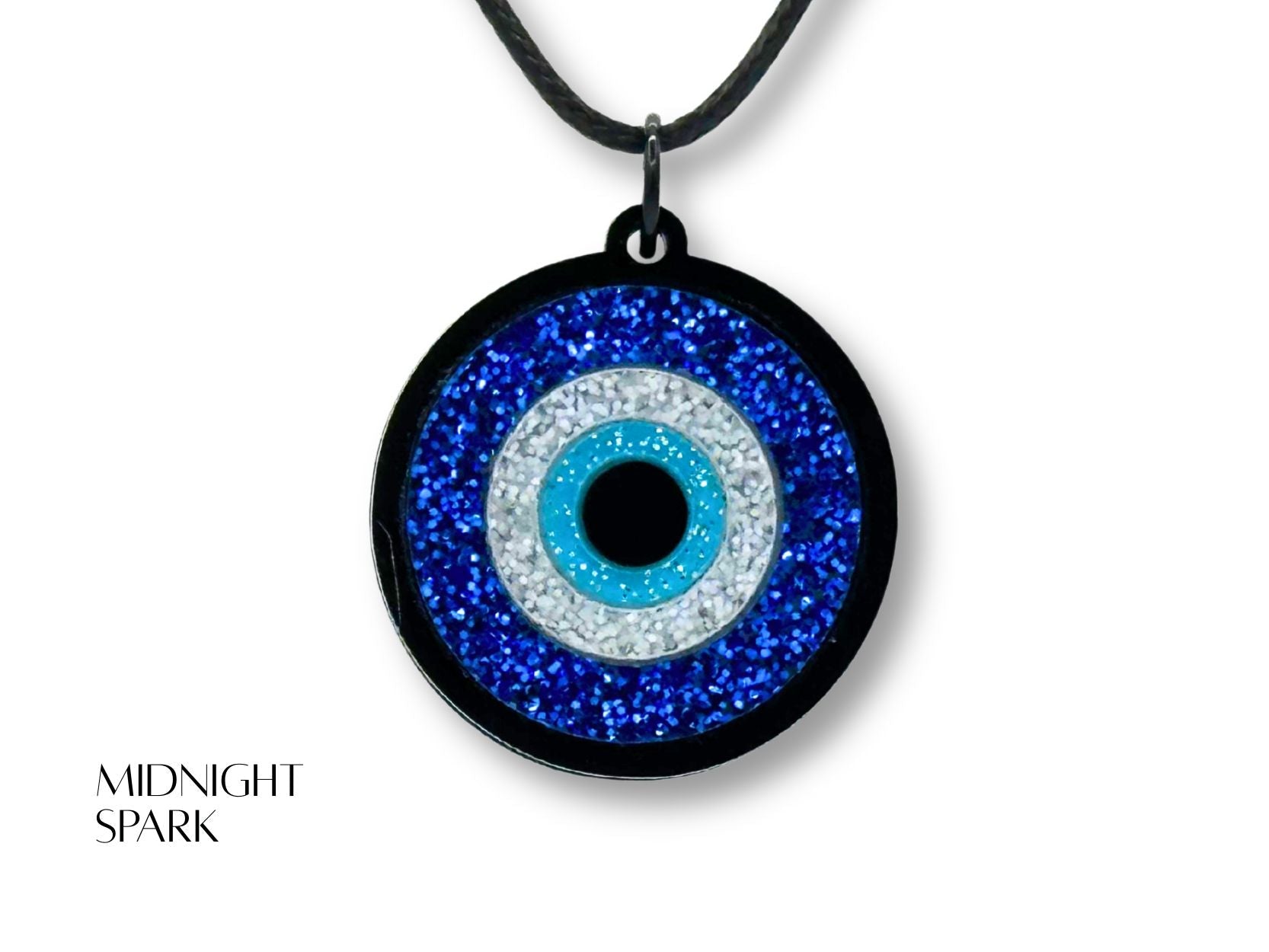 evil eye pendant necklace variation glitter acrylic finishes lightweight design blue white black