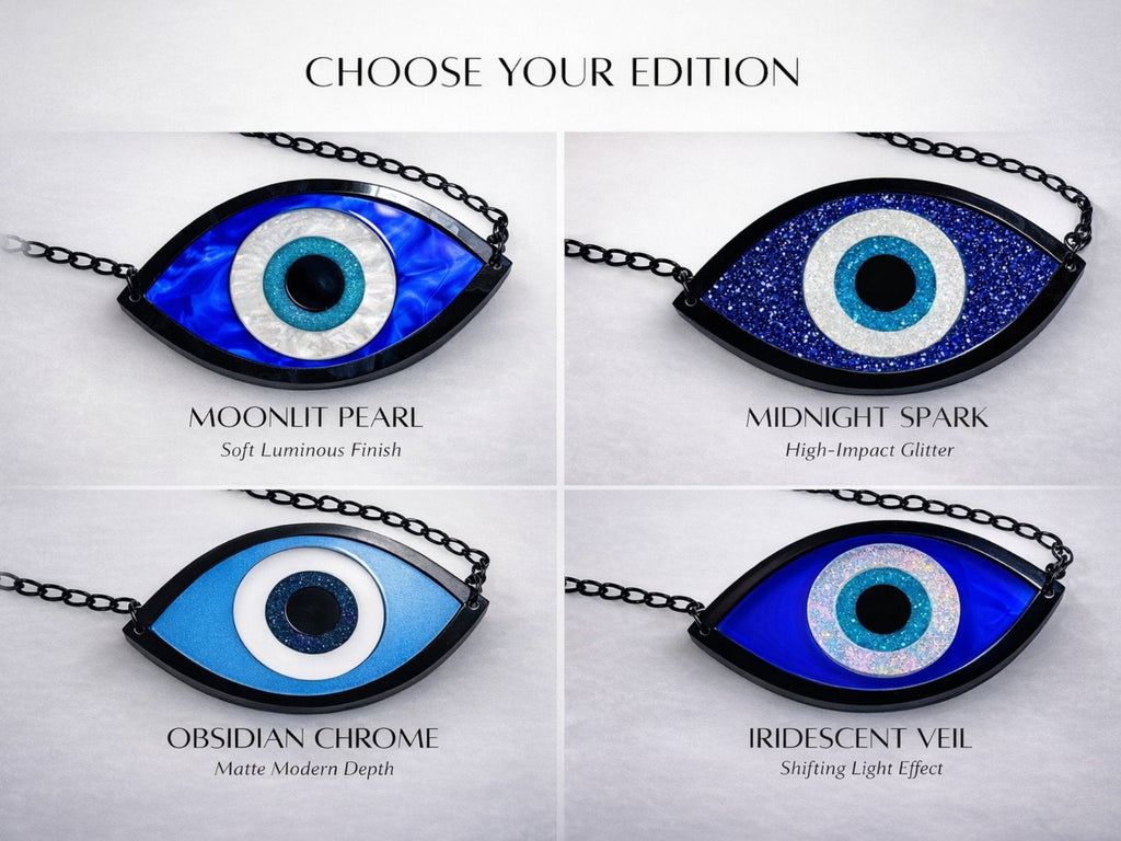 evil eye necklace signature editions different finishes iridescent pearl and glitter acrylic variations