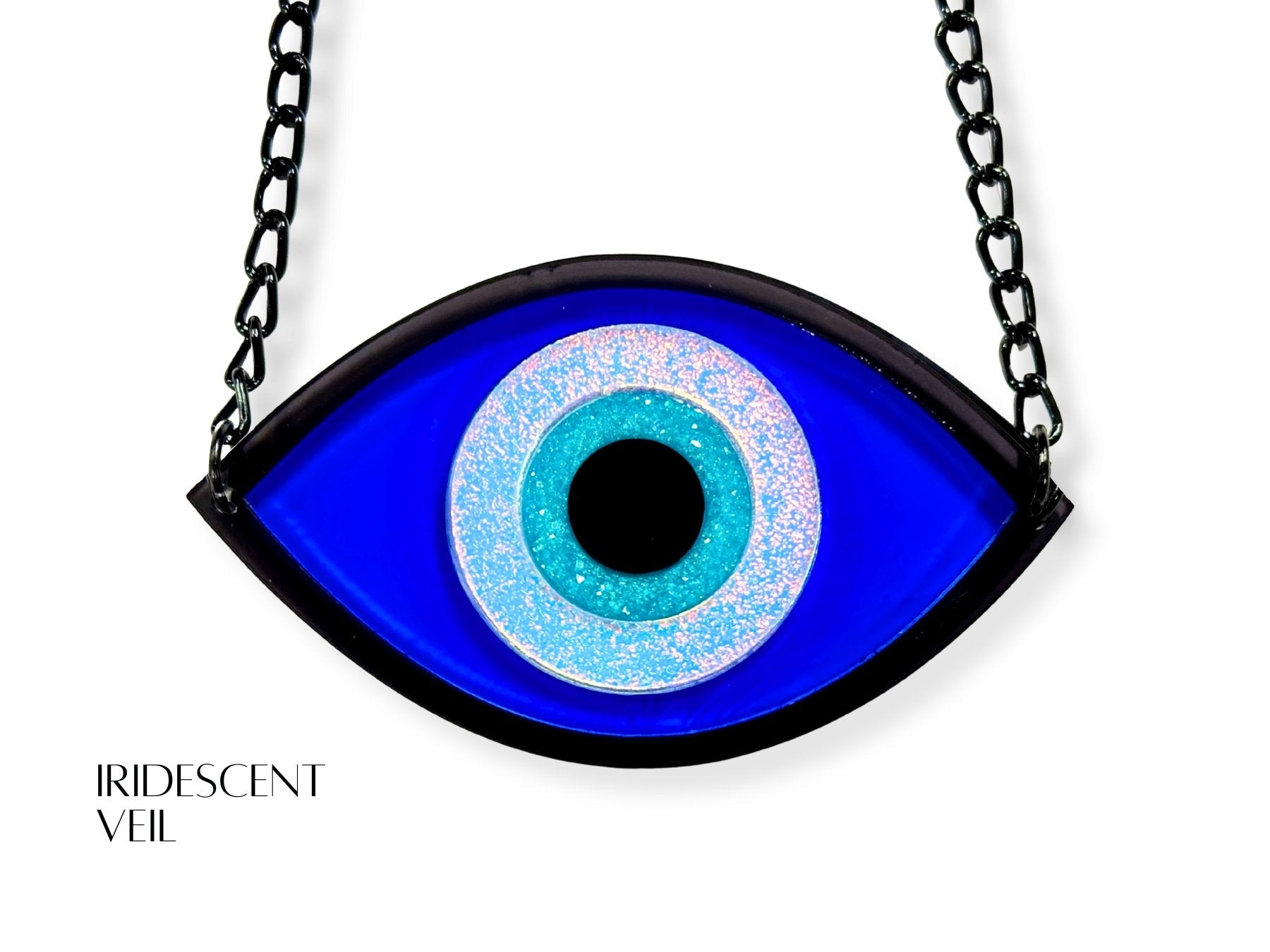 layered acrylic evil eye necklace dimensional design statement jewelry bold sculptural form
