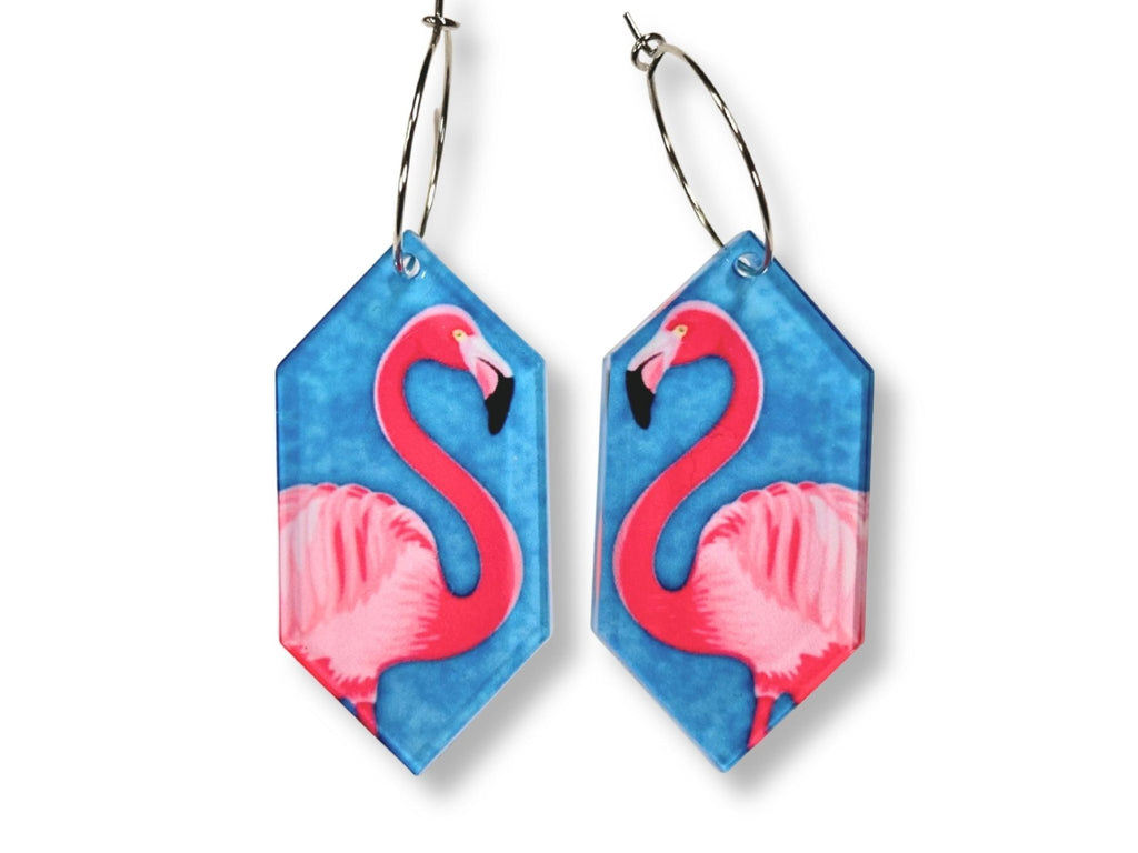 Pool Blue flamingo geometric statement earrings with silver ear wires