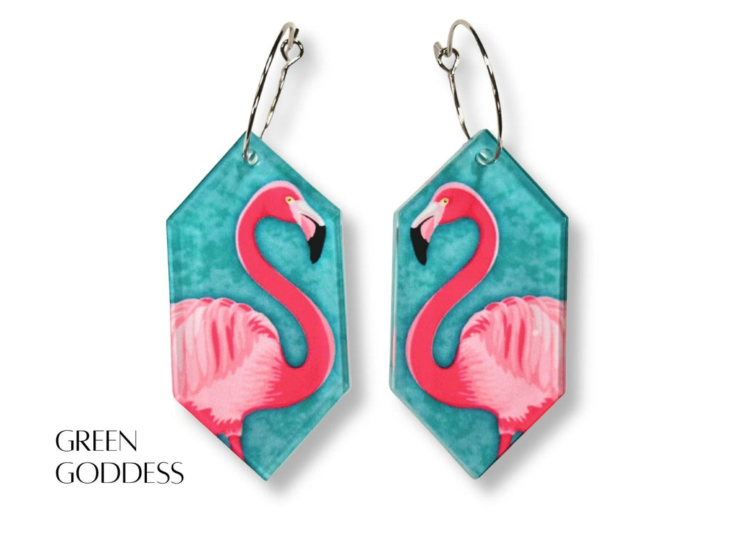 Green Goddess flamingo statement earrings