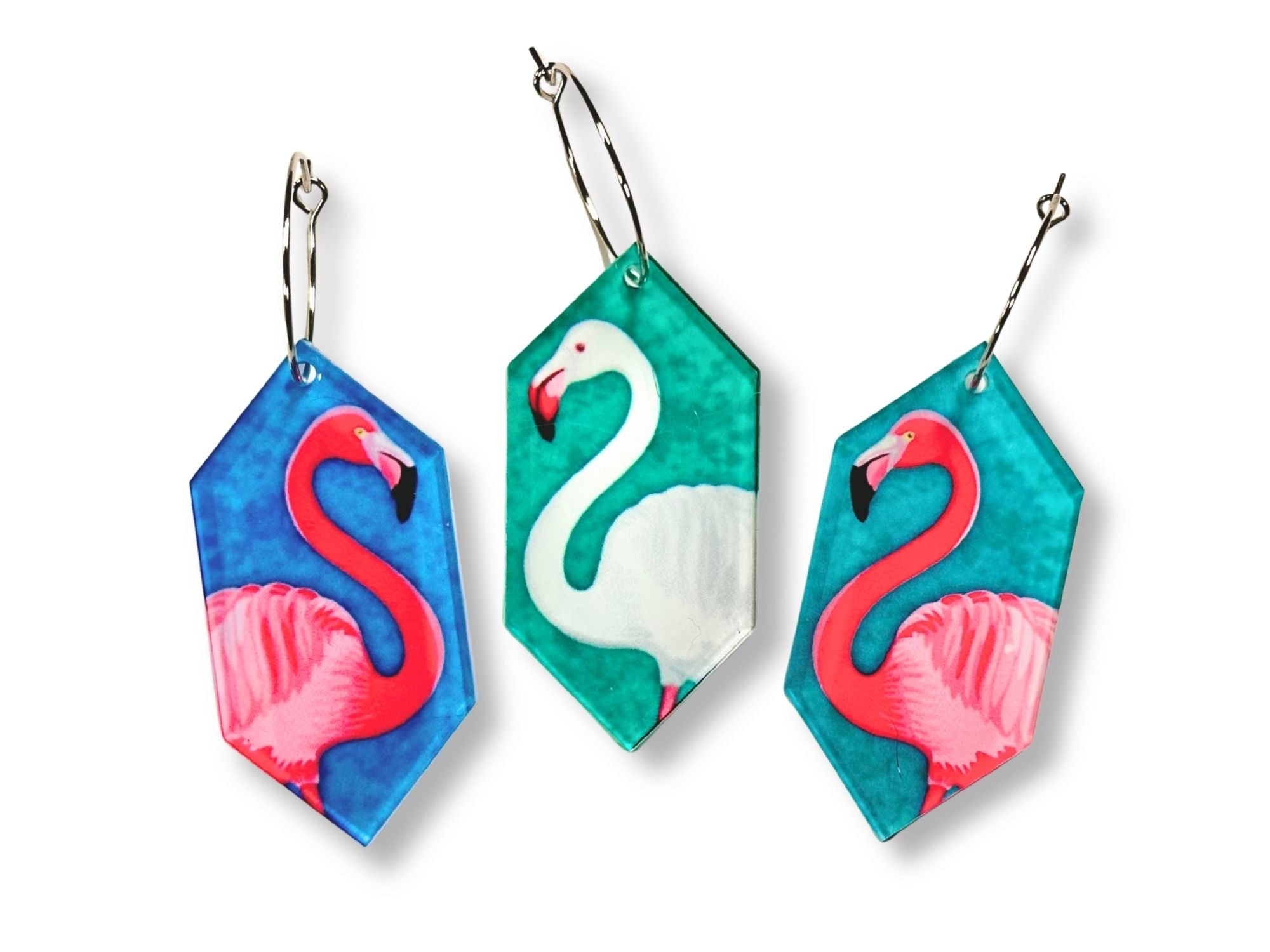 Three color variations of flamingo geometric sublimated earrings