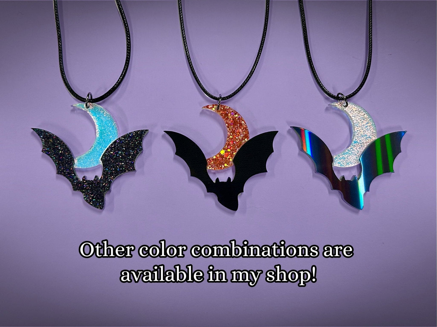 Flying Bat and Crescent Moon Pendant | Black Rainbow Holographic and Textured Iridescent Halloween Necklace - Painted Raina