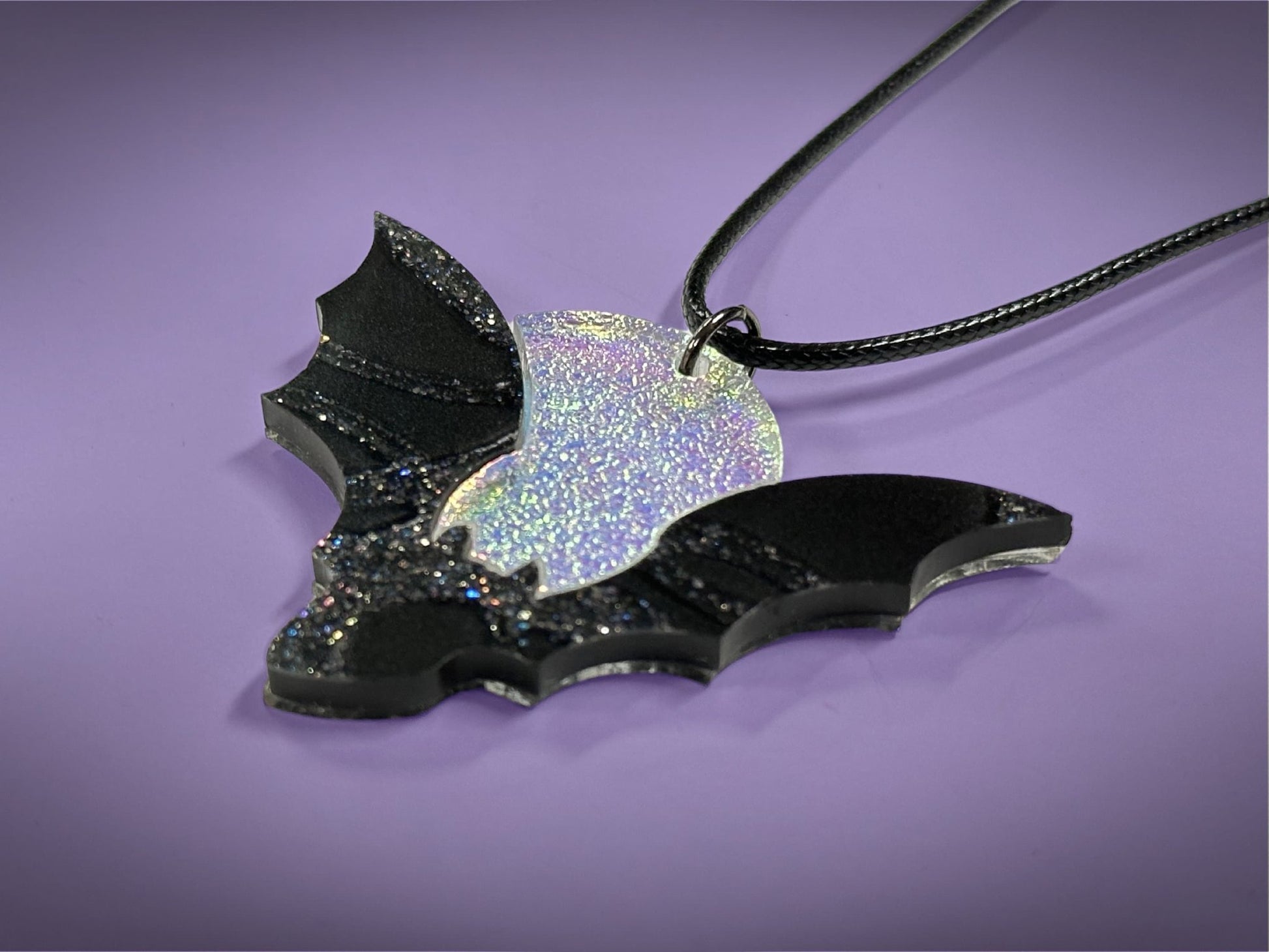 Flying Bat and Full Moon Pendant | Black Crackle Glitter and Textured Iridescent Halloween Necklace - Painted Raina