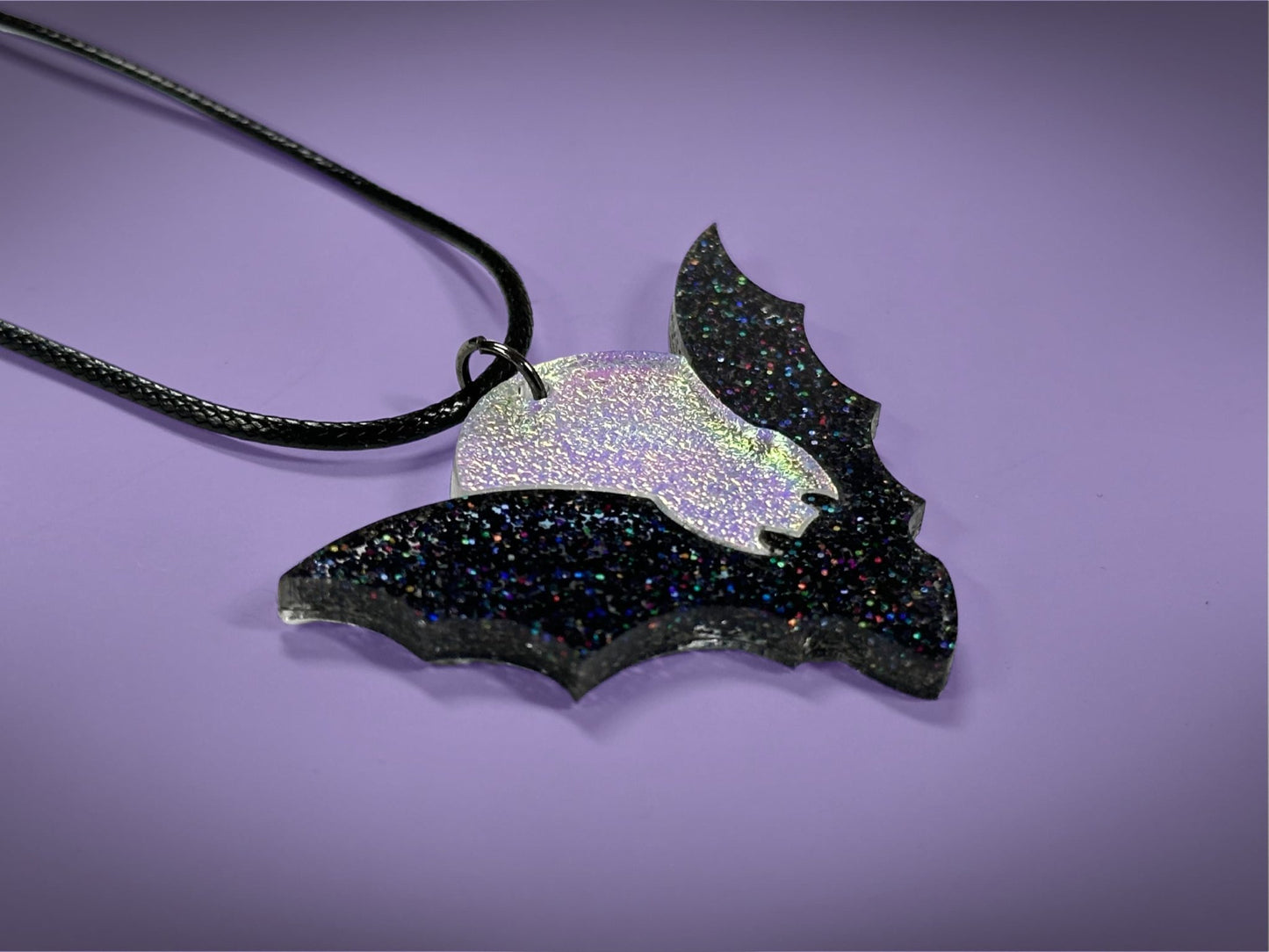 Flying Bat and Full Moon Pendant | Black Rainbow Holographic Glitter & Textured Iridescent Halloween Necklace - Painted Raina