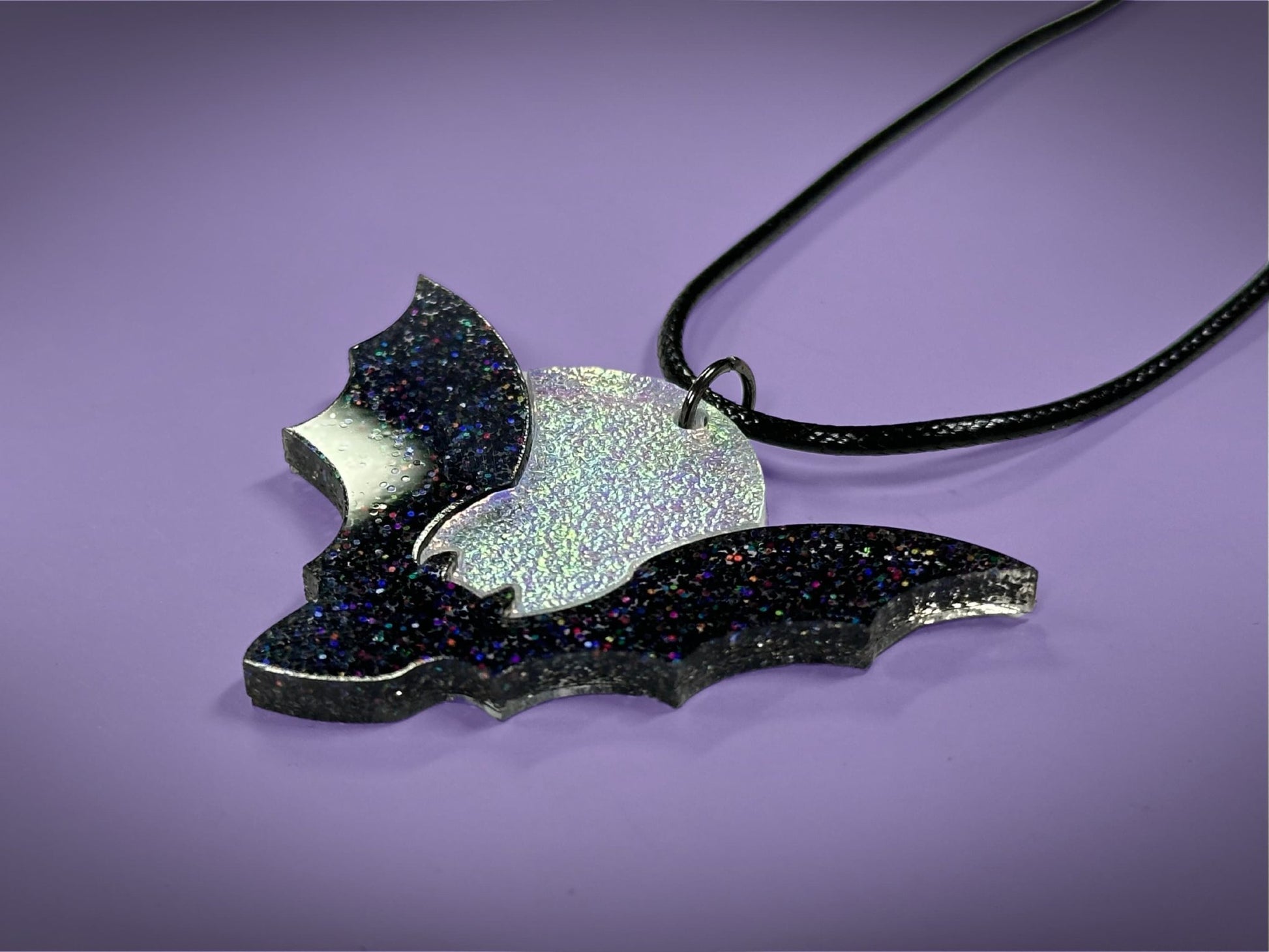 Flying Bat and Full Moon Pendant | Black Rainbow Holographic Glitter & Textured Iridescent Halloween Necklace - Painted Raina