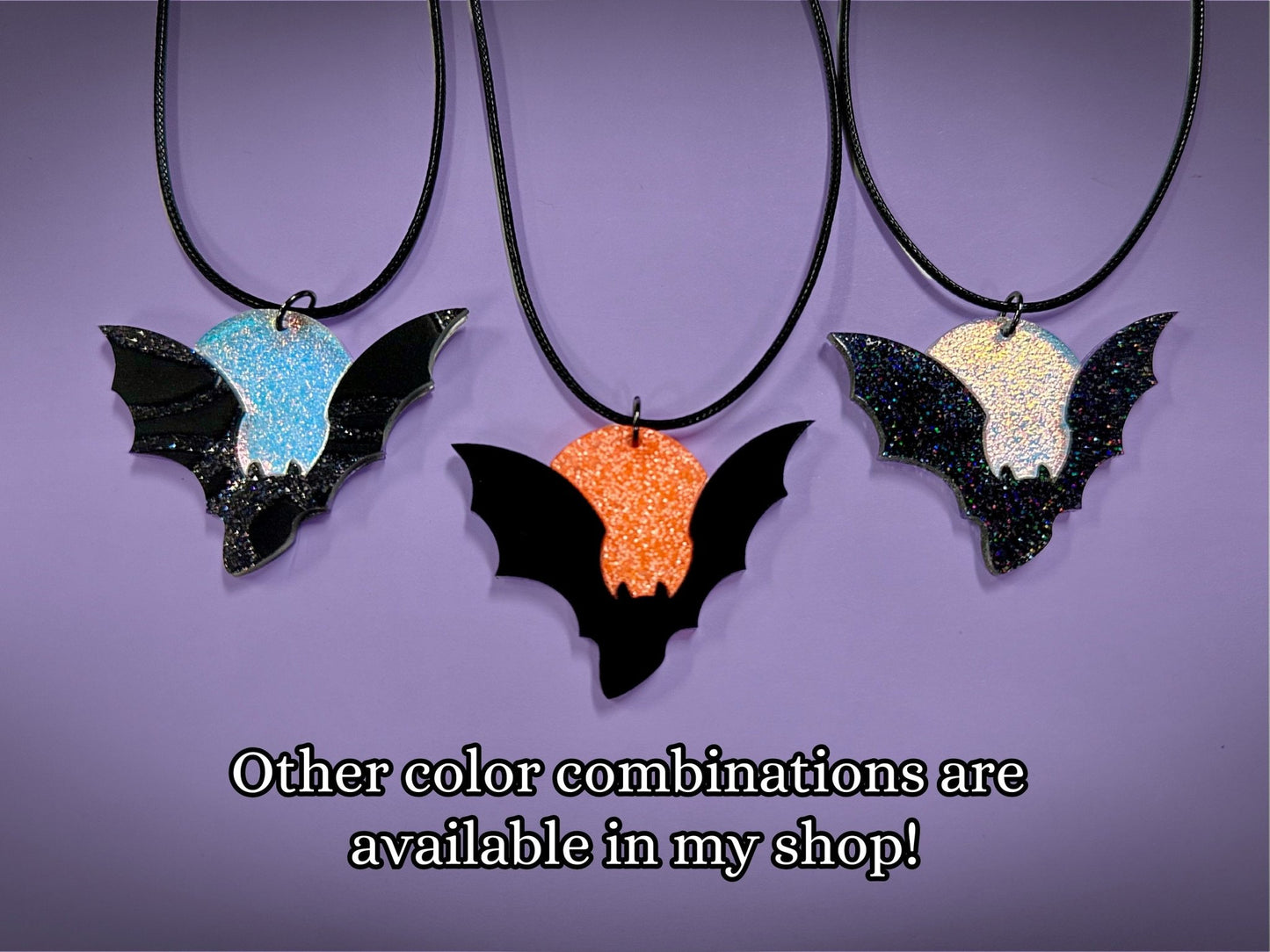 Flying Bat and Full Moon Pendant | Black Rainbow Holographic Glitter & Textured Iridescent Halloween Necklace - Painted Raina