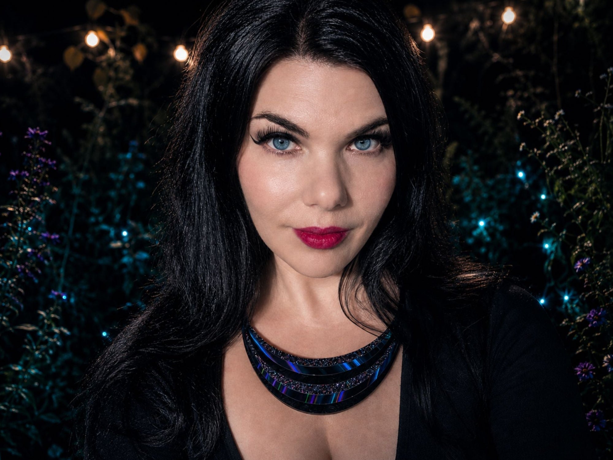Model wearing Full Spectrum Rebel Arc Statement Necklace in Black Rainbow colorway