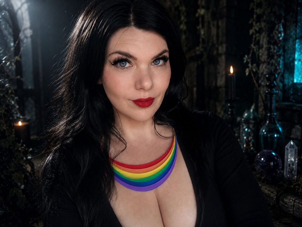 Model wearing Full Spectrum Rebel Arc Statement Necklace with dark styling