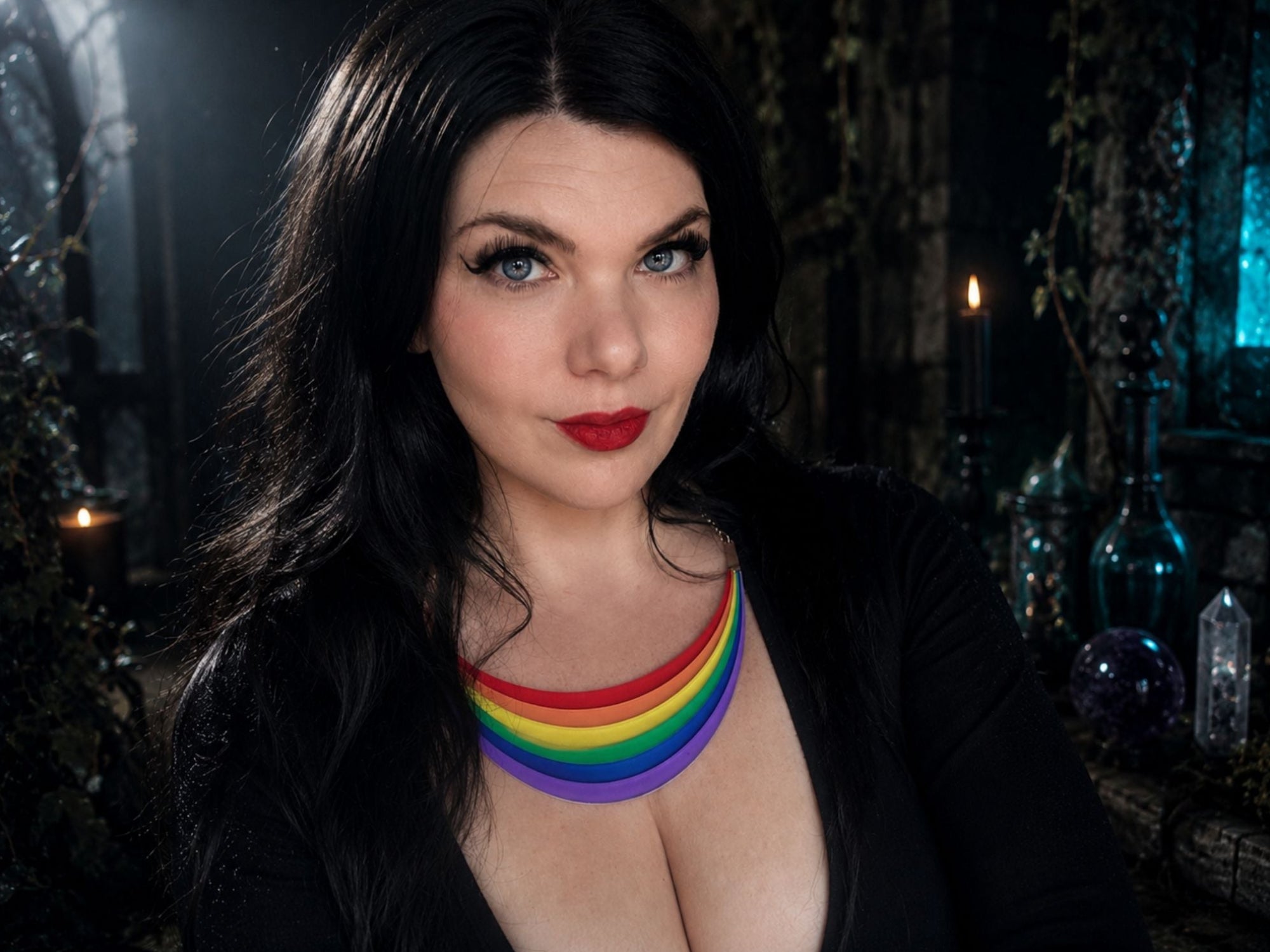 Model wearing Full Spectrum Rebel Arc Statement Necklace with dark styling