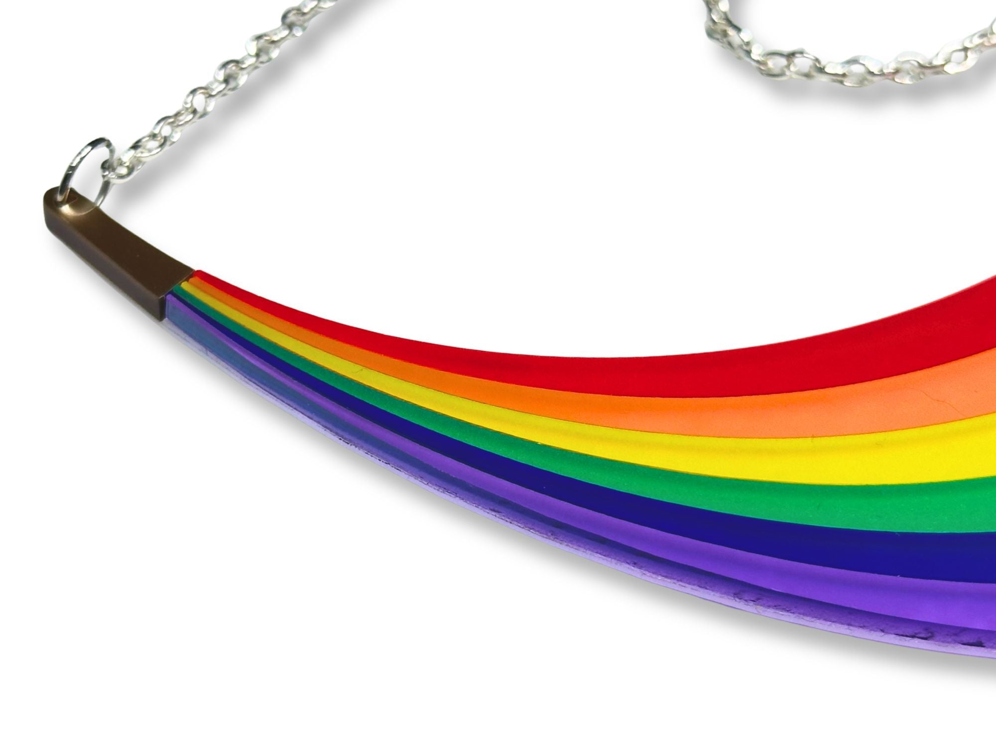 Close-up of layered frosted rainbow acrylic necklace detail