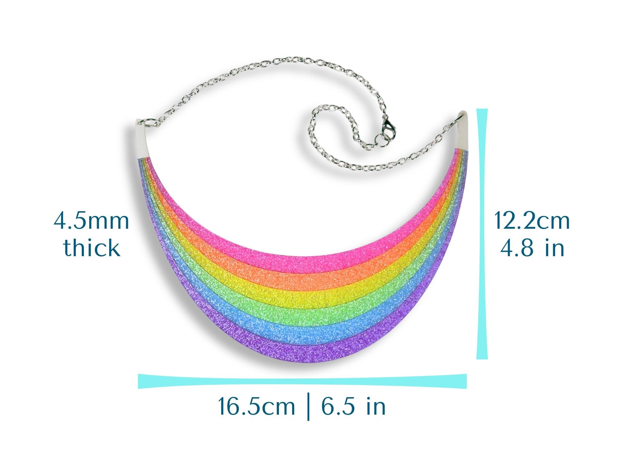 Full Spectrum Rebel Rainbow Rave necklace size chart showing 165mm width, 122mm height, and 4.5mm thickness.