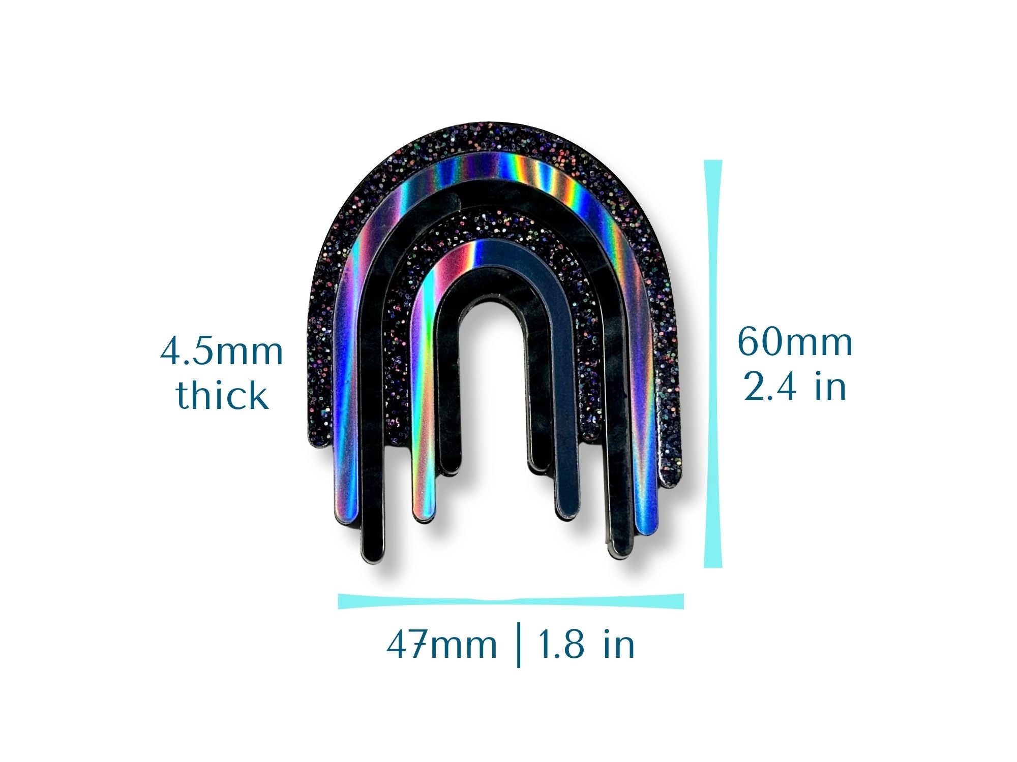 Size guide for Full Spectrum Rebel Drip Brooch showing dimensions in inches and millimeters
