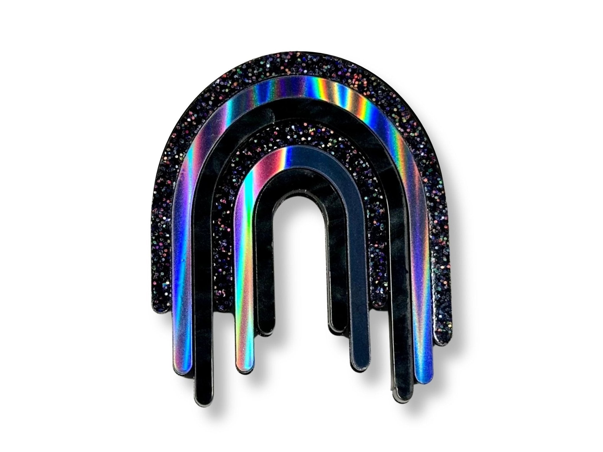 Full Spectrum Rebel Drip Brooch in layered black rainbow acrylic on white background