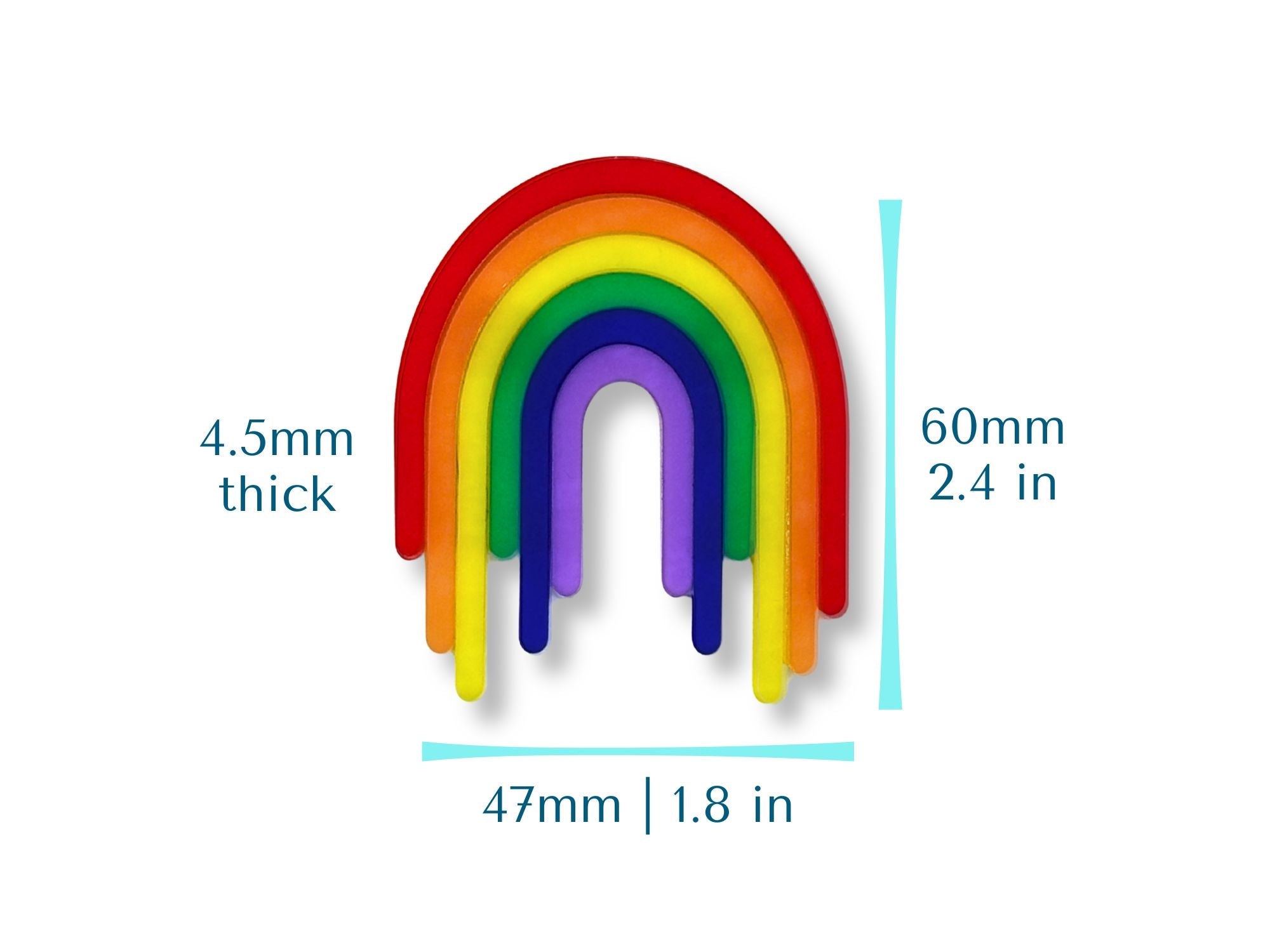 Size guide for Full Spectrum Rebel Drip Brooch showing dimensions in inches and millimeters