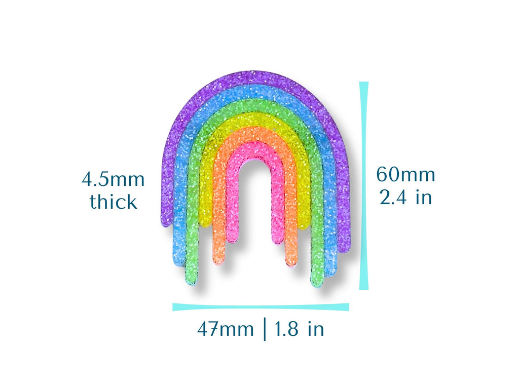 Full Spectrum Rebel Rainbow Rave brooch size chart showing 60mm height, 47mm width, and 4.5mm thickness.
