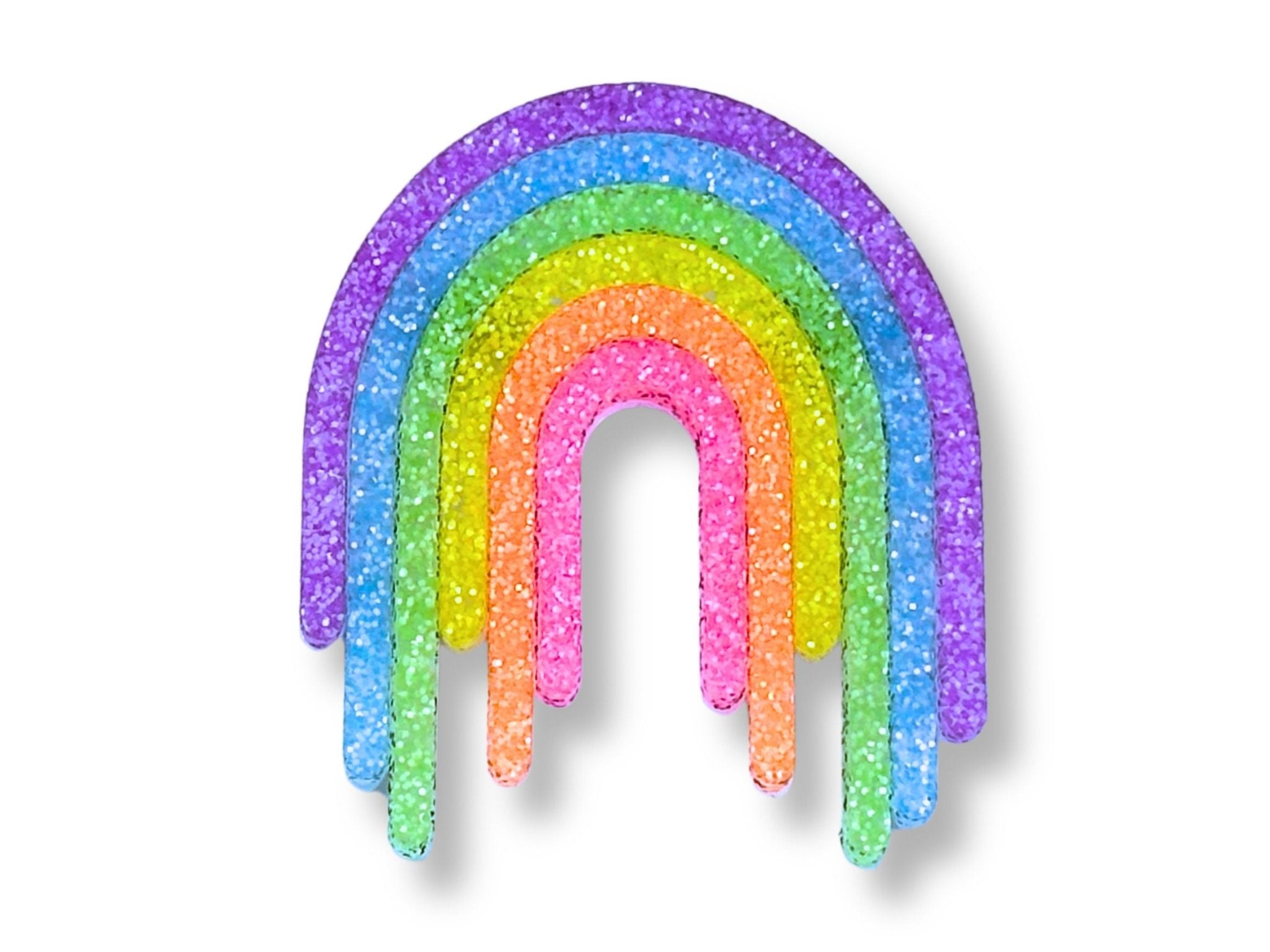 Full Spectrum Rebel Drip Brooch in Rainbow Rave glitter acrylic on white background.