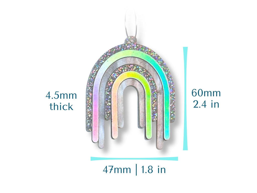 Disco Prism statement earring size guide showing 60mm height, 47mm width, and 4.5mm thickness.