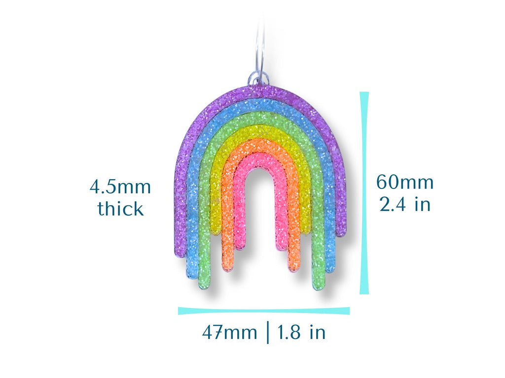 Full Spectrum Rebel Rainbow Rave earrings size chart showing 60mm height, 47mm width, and 4.5mm thickness.