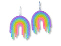 Full Spectrum Rebel Drip Earrings in Rainbow Rave glitter acrylic with silver hoop ear wires on white background.