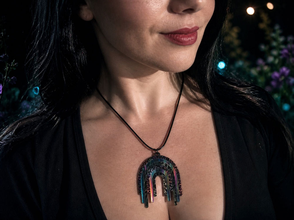 Model wearing Full Spectrum Rebel Drip Pendant in Black Rainbow colorway
