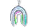 Disco Prism drip pendant necklace with layered silver, holographic glitter and iridescent rainbow arcs on a white background.