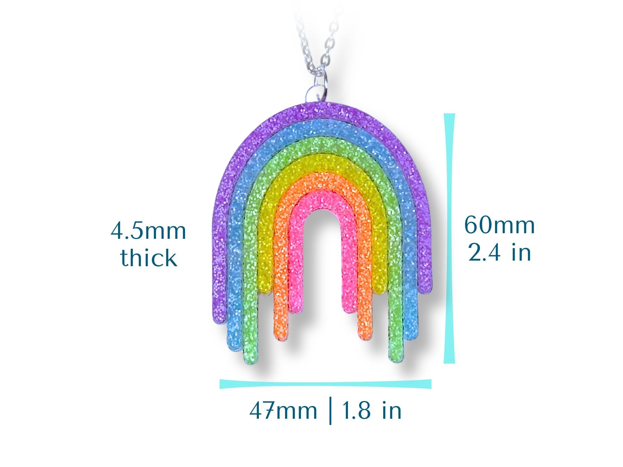 Full Spectrum Rebel Rainbow Rave pendant size chart showing 60mm height, 47mm width, and 4.5mm thickness.