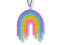 Full Spectrum Rebel Drip Pendant in Rainbow Rave glitter acrylic with silver chain on white background.