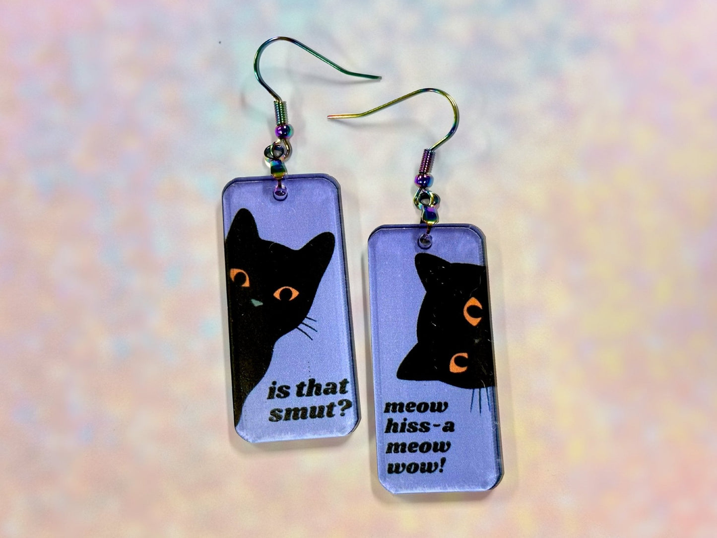 Funny Bookish Black Cat Earrings | Is that smut? Meow wow! - Painted Raina