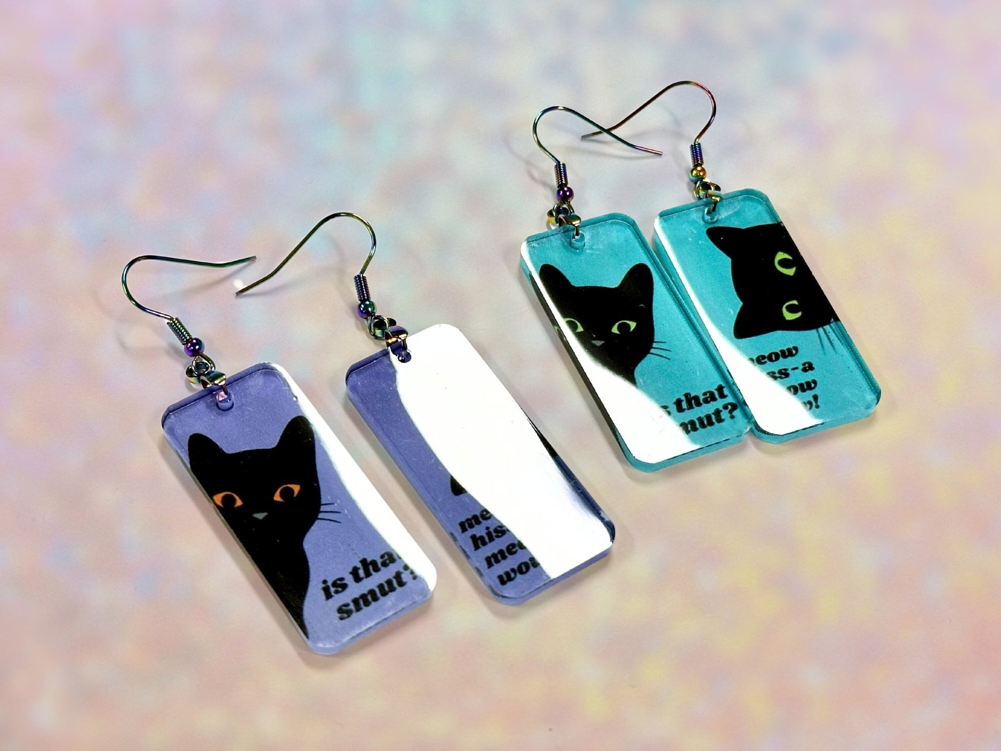 Funny Bookish Black Cat Earrings | Is that smut? Meow wow! - Painted Raina