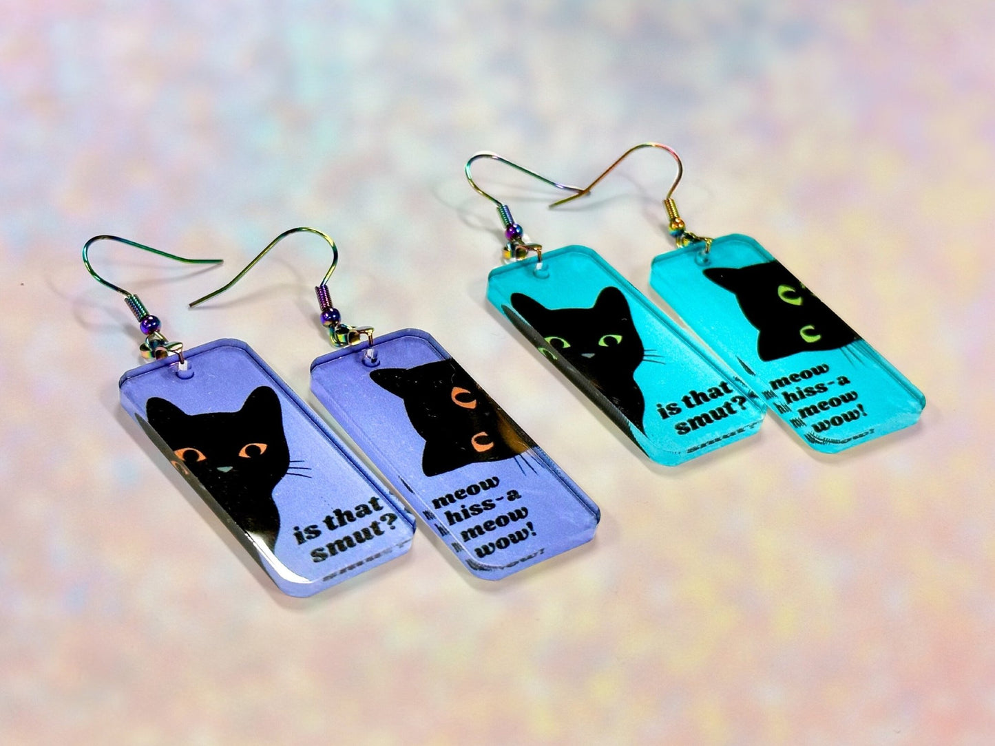 Funny Bookish Black Cat Earrings | Is that smut? Meow wow! - Painted Raina