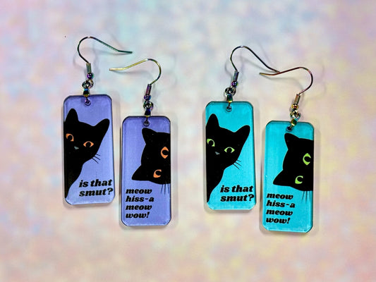 Funny Bookish Black Cat Earrings | Is that smut? Meow wow! - Painted Raina