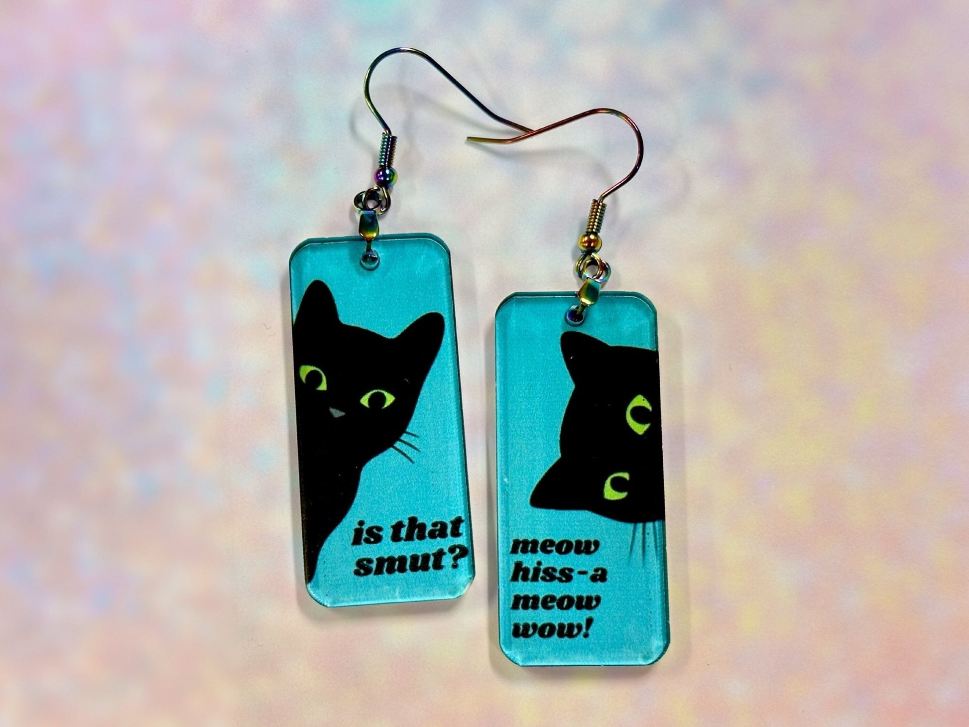 Funny Bookish Black Cat Earrings | Is that smut? Meow wow! - Painted Raina