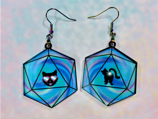 Funny Cat D20 Dice Earrings - Painted Raina