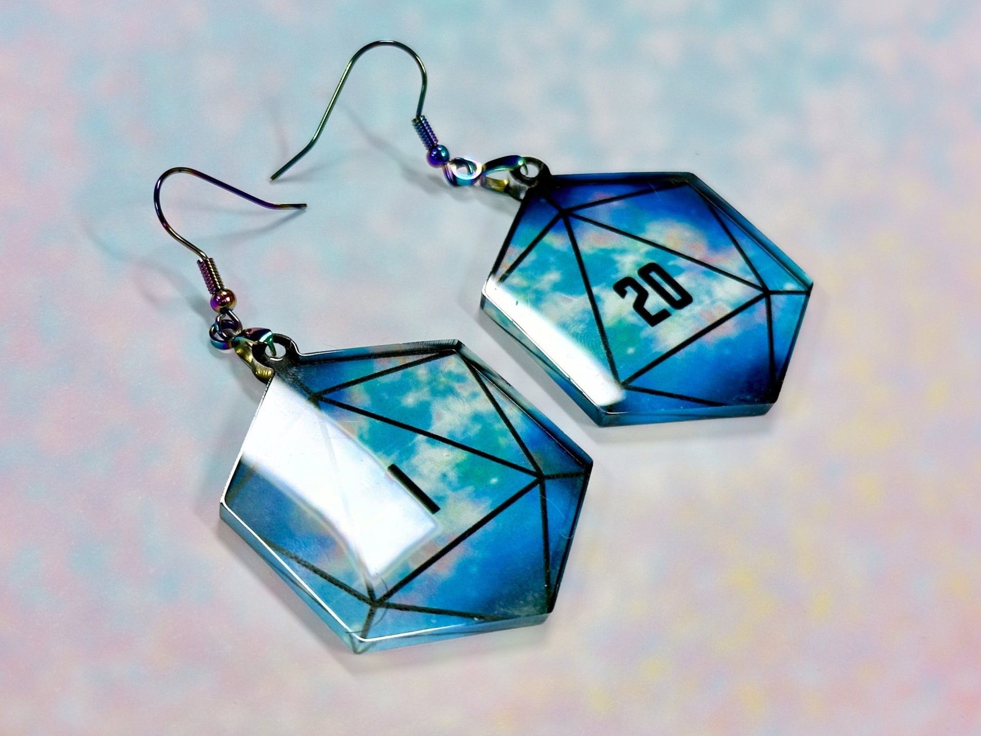 Galactic D20 Dice Earrings | Outer Space Nebula Design - Painted Raina