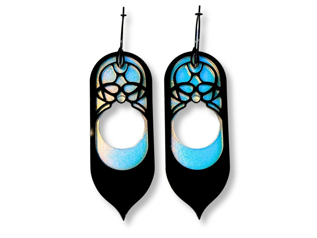 Black and iridescent Galadriel statement earrings inspired by celestial fantasy queen aesthetics on white background