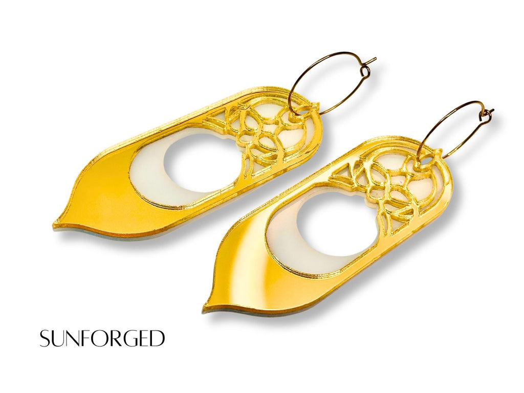 Gold mirror Sunforged Galadriel fantasy statement earrings on white background