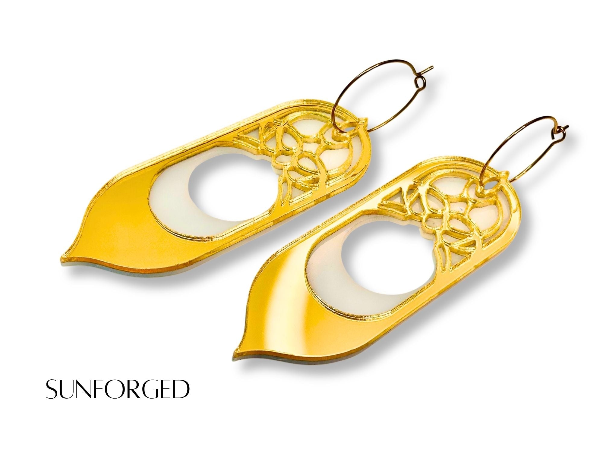 Gold mirror Sunforged Galadriel fantasy statement earrings on white background