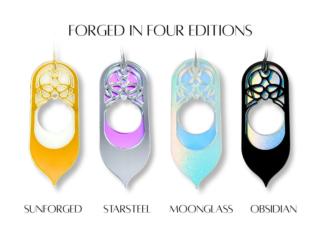 Galadriel statement earrings shown in four colorways including Sunforged, Starsteel, Moonglass, and Obsidian