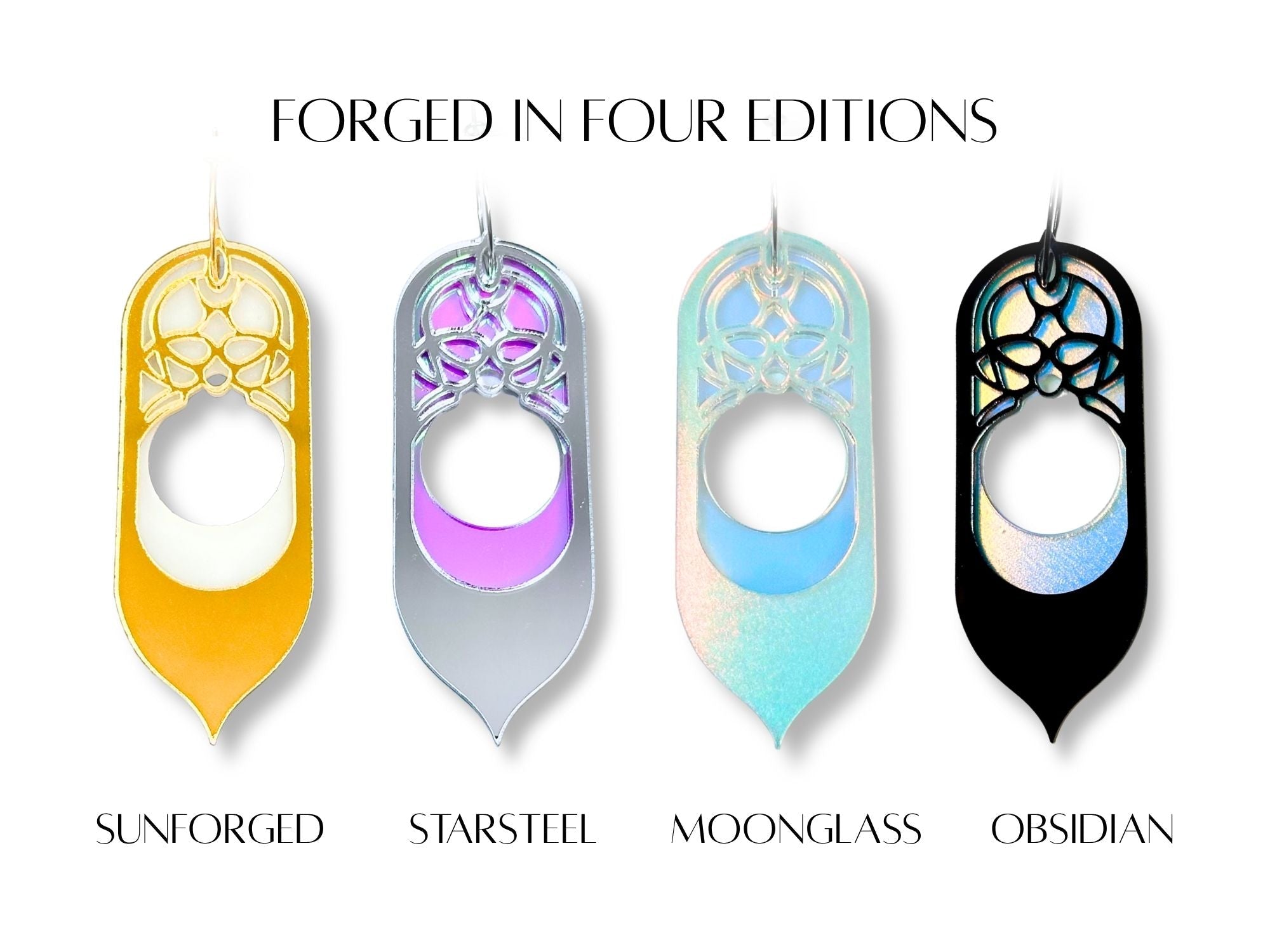 Galadriel statement earrings shown in four colorways including Sunforged, Starsteel, Moonglass, and Obsidian