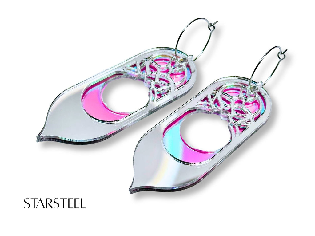 Silver mirror and pink iridescent Starsteel Galadriel statement earrings on white background