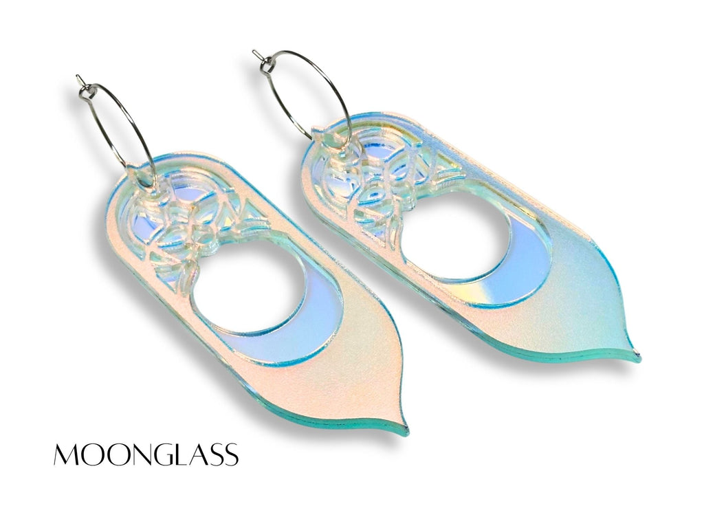 Blue iridescent Moonglass Galadriel statement earrings on white background