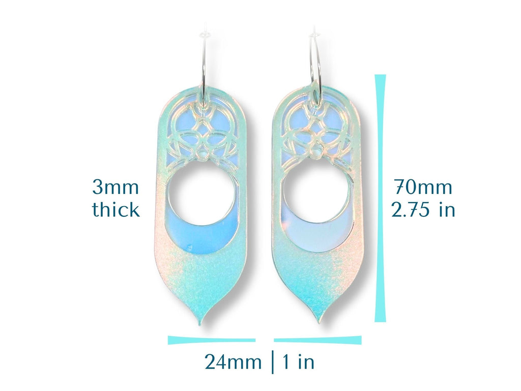 Galadriel statement earring size chart showing 70mm height and 24mm width dimensions